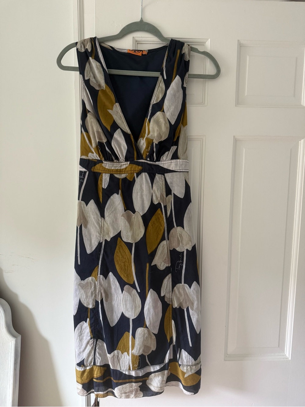Tory Burch Navy V Neck Midi Dress with White & Mustard Tulip Print